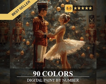 May include: Digital paint by number artwork featuring a couple in ballet attire, set against a Christmas tree backdrop. The image includes a "Best Seller" banner and a 5.0 star rating. The text "90 COLORS" and "DIGITAL PAINT BY NUMBER" are also visible.