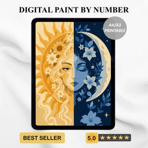 Puede incluir: Impresión artística digital de pintar por números con un diseño dividido del sol y la luna. El lado del sol es amarillo y dorado, mientras que el lado de la luna es azul y blanco. La obra de arte se muestra en una tableta negra. El texto incluye "DIGITAL PAINT BY NUMBER", "A4/A3 Printable" y "BEST SELLER".