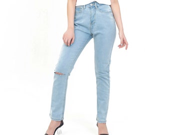 Denimic Jeans Womens High Rise Slim Light Blue Knee Cut Jeans