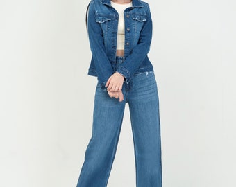 Denimic Jeans Womens High Rise Wide leg Blue Stone Wash Whiskers