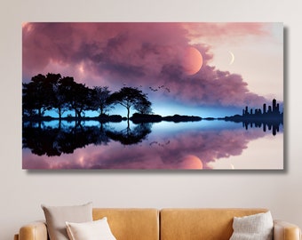 Guitar Reflection Canvas Poster, Tree Wall Art, Music Decor Print, Music Fan Gift, Surrealist Tree and Moon Landscape,Ready to Hang