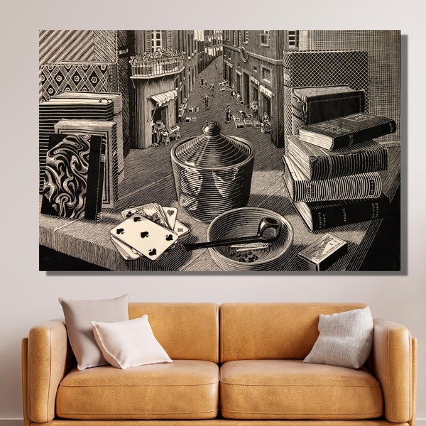 Still Life and Street by Maurits Cornelis Escher Canvas Poster,Op Art Wall Print Design,Abstract Decor for Home  Office,CANVAS READY to Hang