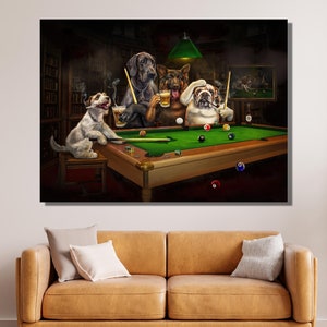 Hunde spielen Snooker Leinwand Poster, Druck Wand Kunst Design, Druck Dekor für Zuhause, Büro Dekoration I POSTER oder CANVAS BEREIT zum Aufhängen