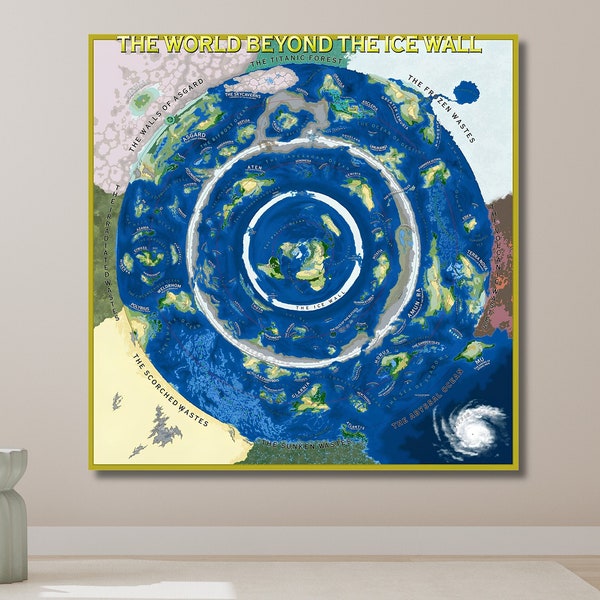 World Beyond The Ice Canvas Wall Art, Póster de mapa satelital de la Tierra plana, diseño, decoración impresa para el hogar y la oficina, PÓSTER o LIENZO LISTO para colgar