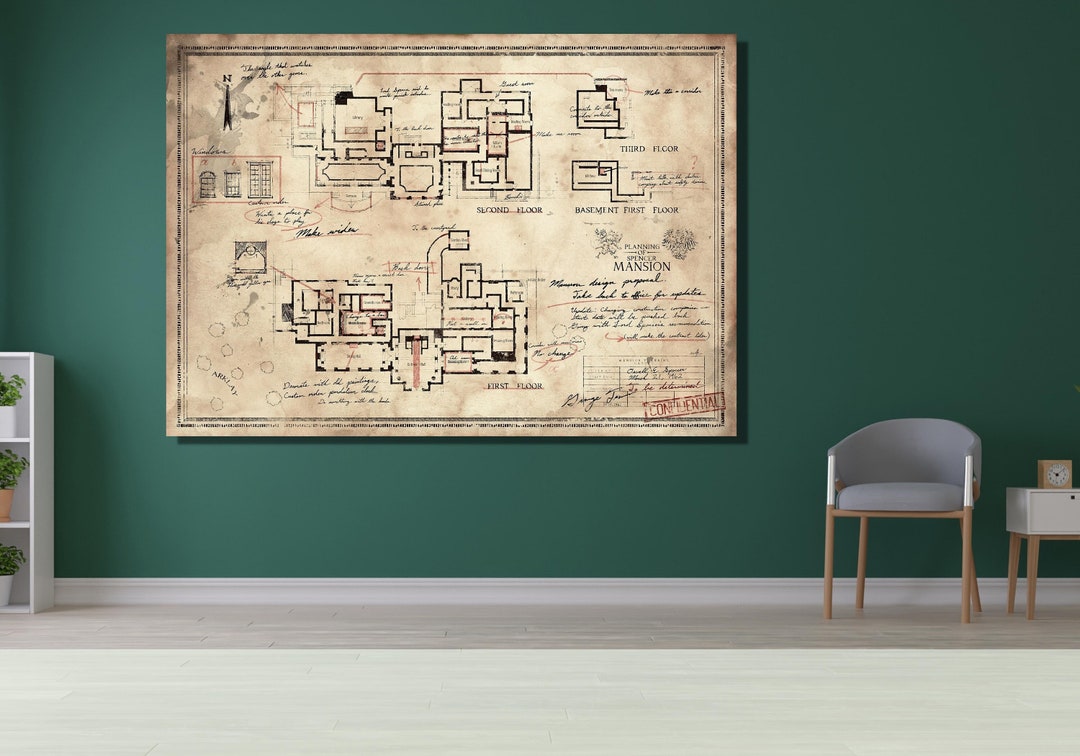Resident Evil Map Canvas, the Spencer Mansion Plan Print Wall Art Design, Poster, Decor for Home ...