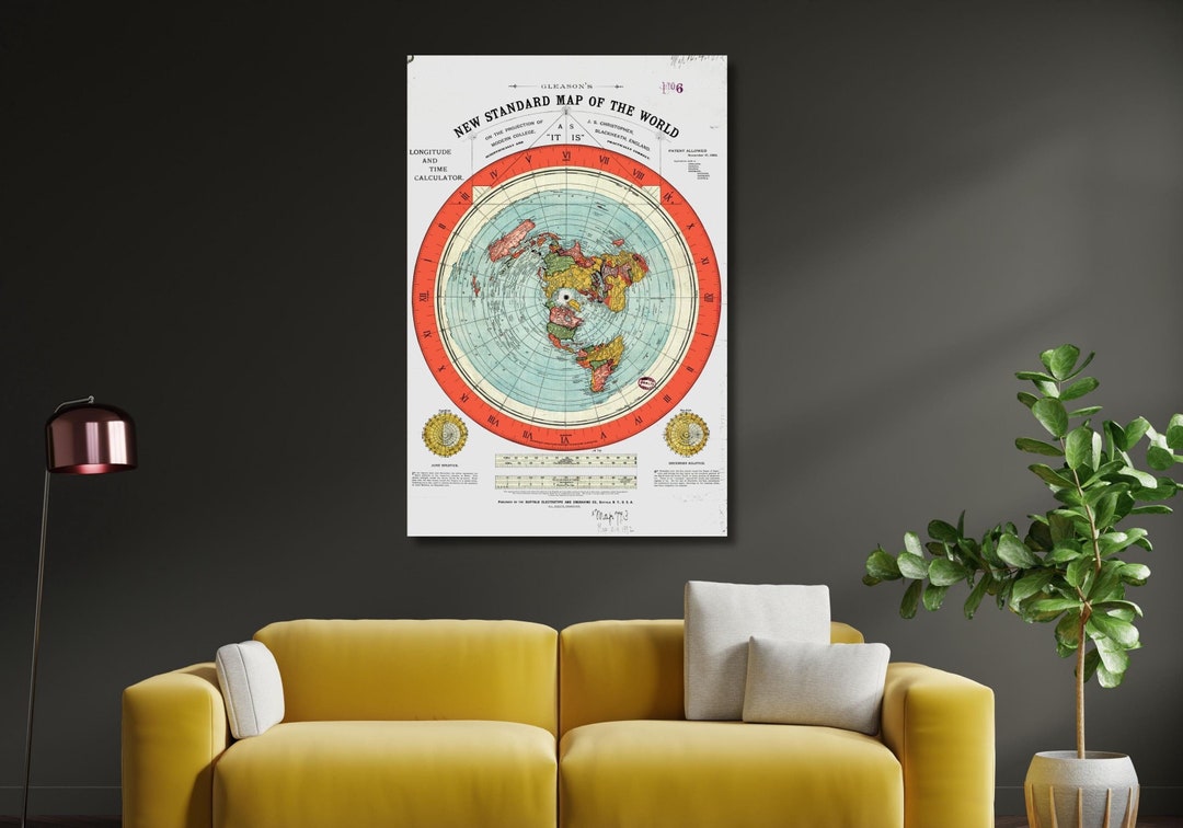 Artery8 Mappa Del Mondo 1892 Time Calculator Flat Earth - Quadro Artistico Incorniciato A3 - Scegli Colore Cornice