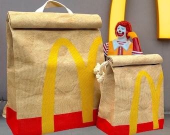 Quirky McDonald's MCD Fast Food Red Strip Backpack and Sling Crossbody Bag for Man , Woman, Kids - Water Resistant 100% Recycled Polyester