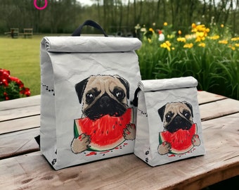Quirky Pug Puppy Dog Watermelon Backpack and Sling Crossbody Bag for Man , Woman, Kids - Water Resistant 100% Recycled Polyester