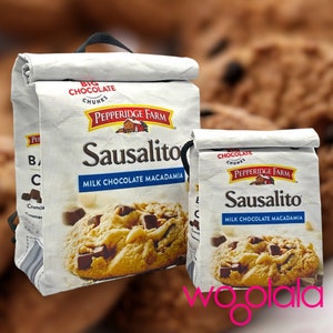 風変わりなサウサリートクッキーチョコレートマカダミアのバックパックとスリングクロスボディバッグ。男性、女性、子供用。耐水性100%リサイクルポリエステル。