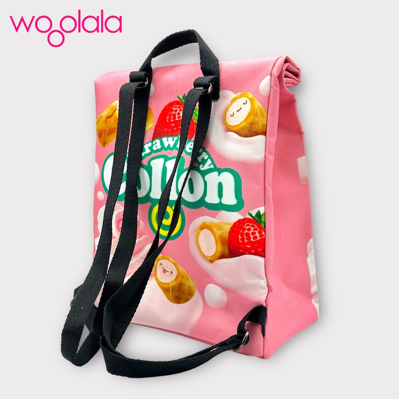 Quirky Collon Strawberry Biscuit Roll Backpack and Sling Crossbody Bag for Man , Woman, Kids Water Resistant 100% Recycled Polyester zdjęcie 5