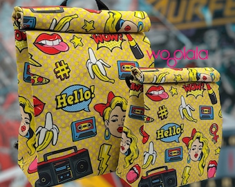 Quirky Retro Pop Art Comic Backpack and Sling Crossbody Bag for Man , Woman, Kids - Water Resistant 100% Recycled Polyester