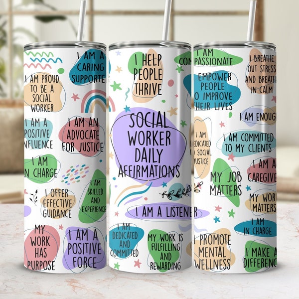 Social Worker Volunteer Daily Affirmations 20 oz Skinny Tumbler Sublimation Design Digital Download PNG, Tumbler Wrap PNG, Positive Quotes