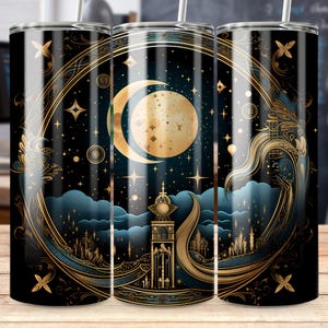 Tarot Night Sky Gold Stars and Moon 20oz Tumbler Wrap PNG Sublimation Designs Straight & Tapered Template PNG Instant Digital Download