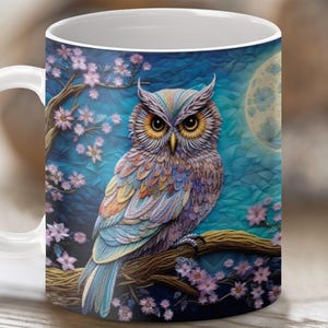 3D Embroidered Owl Mug Wrap Design: Moon & Cherry Blossom (PNG Digital Download