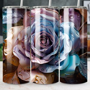 3D Metal Rose Tumbler Wrap: Metallic Rainbow Floral Design (PNG Digital Download)