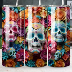 3D Sugar Skulls 20oz Tumbler Wrap, Sublimation Designs, Halloween Tumbler, Colorful Mexican Skulls, Halloween Template, Digital Download