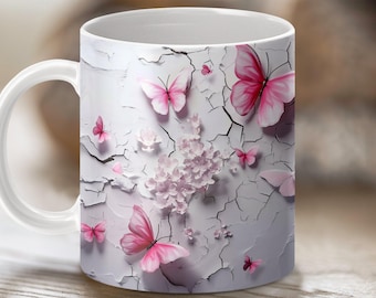 Personalized Pink Butterfly Mug Wrap: 11oz Custom Name Text Sublimation Design Template (PNG Digital Download)