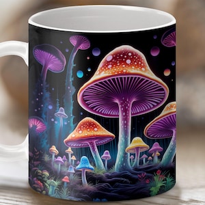 May include: White ceramic mug with a black background and a colourful psychedelic mushroom design. The mushrooms are various shades of purple, pink, orange, and yellow.