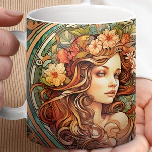 Art Nouveau Mug Wrap, Sublimation Designs, Alphonse Mucha, Art Deco, 11oz Mug, Floral Mug, Illustration, Sublimation PNG, Digital Download