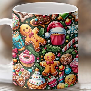 Christmas Cupcake Mug Wrap: Gingerbread, Donuts, Candy (PNG Digital Download)