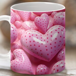 3D Polka Dot Pink Hearts Mug Wrap Sublimation Designs 11oz Valentines Day Seamless Pattern Template PNG Instant Digital Download