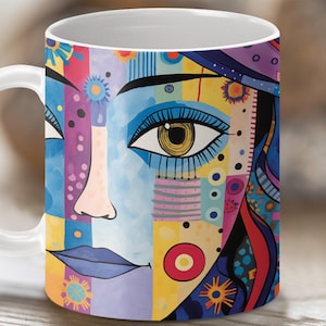 Abstract Portrait Illustration Mug Wrap, Sublimation Designs, Collage, Dreamscape, Seamless, Geometric, Colorful, 11oz Mug, Digital Download