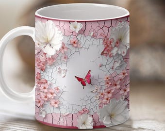 Personalized 3D Pink Butterfly Mug Wrap: 11oz Floral Sublimation Design Mug Template (Digital Download)