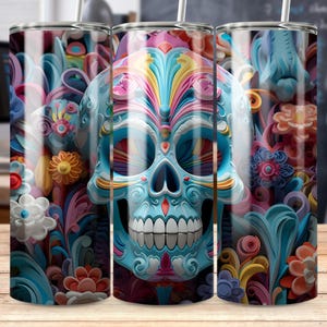 3D Mexican Sugar Skulls and Flowers 20oz Tumbler Wrap Sublimation Designs Floral Straight & Tapered Template Instant PNG File Download