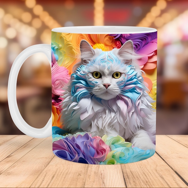 3D Colorful Psychedelic Cat, Trippy Kitten 11oz Mug Sublimation Wrap, 3D Mug Wrap Template, Sublimation Mug Design, Instant PNG Download