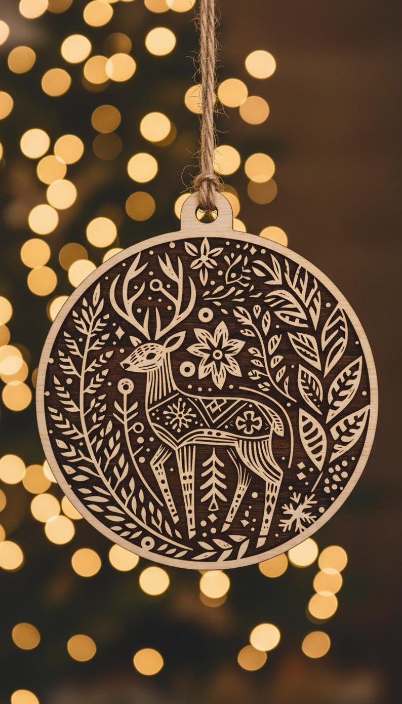 Linoprint Christmas Clipart: 17 Black & White Woodland Illustrations + 17 Gold Ornament Digital Files image 4