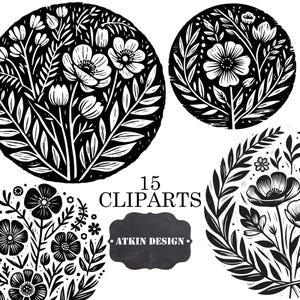 Poster Größe Linoldruck Blumenlogo - Woodland Linol Illustrationen - Schwarzweiße Blume Digital Art - 15 Clipart-Elemente - Stempel Art