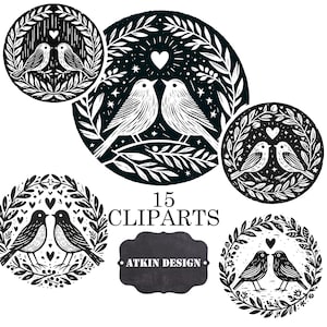 Poster Größe Linoldruck Vogelpaare - Waldillustrationen - Schwarzweiße Liebesvögel Digital Art - 15 Clipart-Elemente - Stempelart
