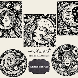 Lino Print Cliparts: Whimsical Floral Bird Illustrations (Digital Art)