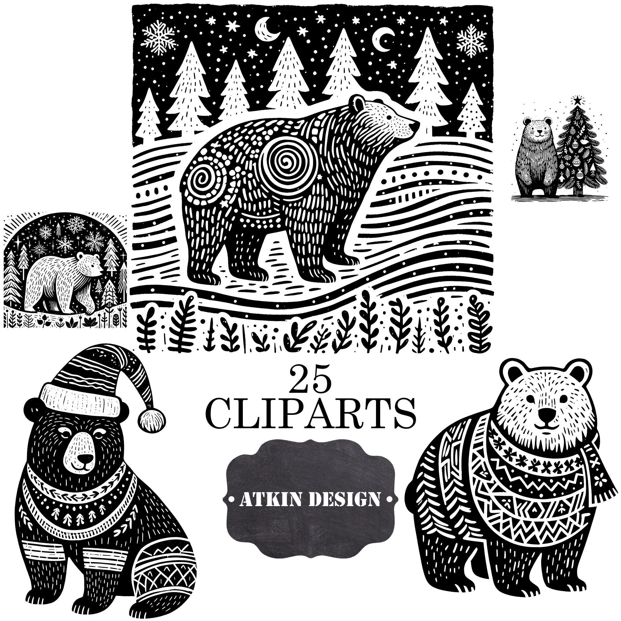 Poster Size Lino Print Linoprint Bears - Woodland Bear Illustrations - Black and White Digital Bear Art - Christmas Bear Stamp - 25 Elements
