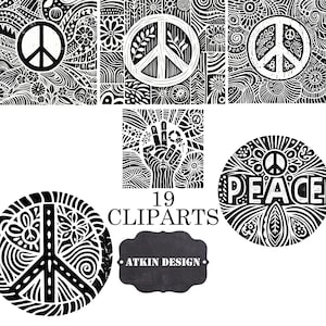 Linoprint Peace Sign Clipart Collection: Black & White Stamp Art (Digital Download)
