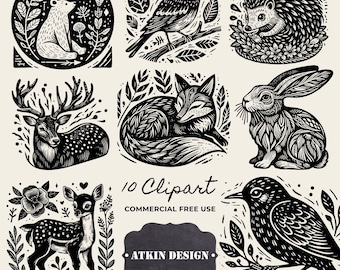 Woodland Animals Lino Print Cliparts: Black and White Illustration (Digital Files)