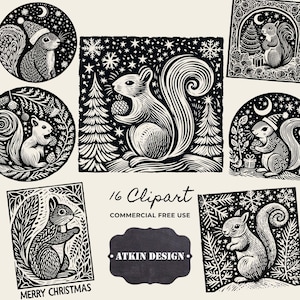 Linoprint Christmas Squirrel Illustration: Black & White Woodland Art - Folk Christmas Cliparts