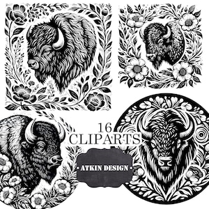 May include: Black and white digital clip art set featuring bison illustrations surrounded by floral and leaf designs. The set includes 16 cliparts with the text "16 Cliparts" and "Atkin Design".
