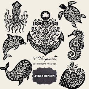 May include: Black and white clipart featuring various sea creatures and an anchor, all adorned with floral patterns. The collection includes an octopus, dolphin, turtle, seahorse, whale, and a decorative floral design. The text "18 Clipart" and "Commercial Free Use" are also present.