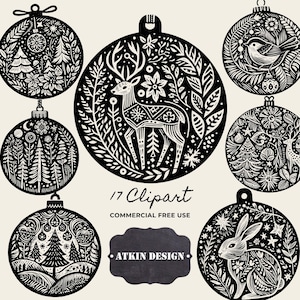 Linoprint Christmas Clipart: 17 Black & White Woodland Illustrations + 17 Gold Ornament Digital Files image 1