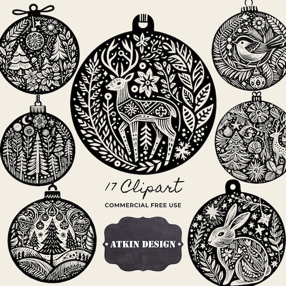 Linoprint Christmas Clipart: 17 Black & White Woodland Illustrations + 17 Gold Ornament Digital Files