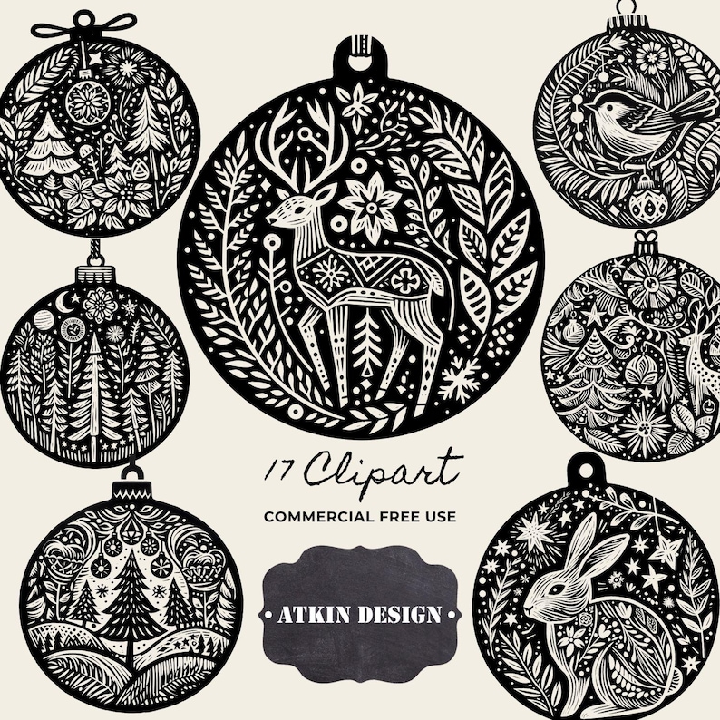 Linoprint Christmas Clipart: 17 Black & White Woodland Illustrations + 17 Gold Ornament Digital Files image 1