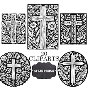 Könnte beinhalten: Ein Satz von 20 Schwarzweiß-Clipart-Bildern mit Kreuzen mit floralen Designs. Der Text "20 CLIPARTS" und "ATKIN DESIGN" ist ebenfalls im Bild enthalten.