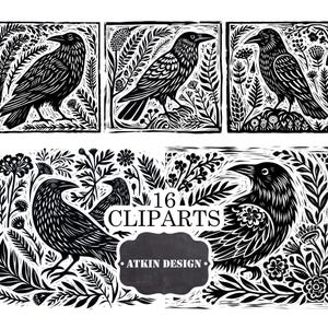 May include: Black and white digital art featuring six raven illustrations. The ravens are surrounded by floral and botanical elements. The text "16 Cliparts" and "Atkin Design" are also included in the image.