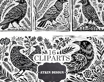 Ilustración de un cuervo en linograbado - Arte boscoso en blanco y negro (Descarga digital)