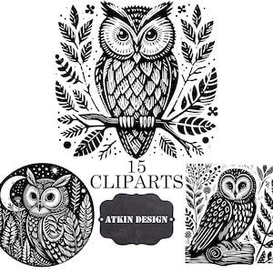 Búhos en linograbado en tamaño póster - Ilustraciones en estilo lino de bosques - Arte digital de búhos en blanco y negro - 15 elementos de clipart - Arte con sellos