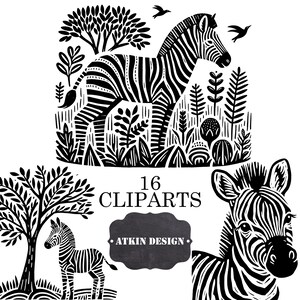 Peut inclure: Ensemble de 16 illustrations de zèbres en noir et blanc. L'ensemble comprend des zèbres debout dans une scène de jungle, un zèbre avec un arbre et un zèbre avec une fleur. Le texte "16 CLIPARTS" et "ATKIN DESIGN" est inclus dans l'image.