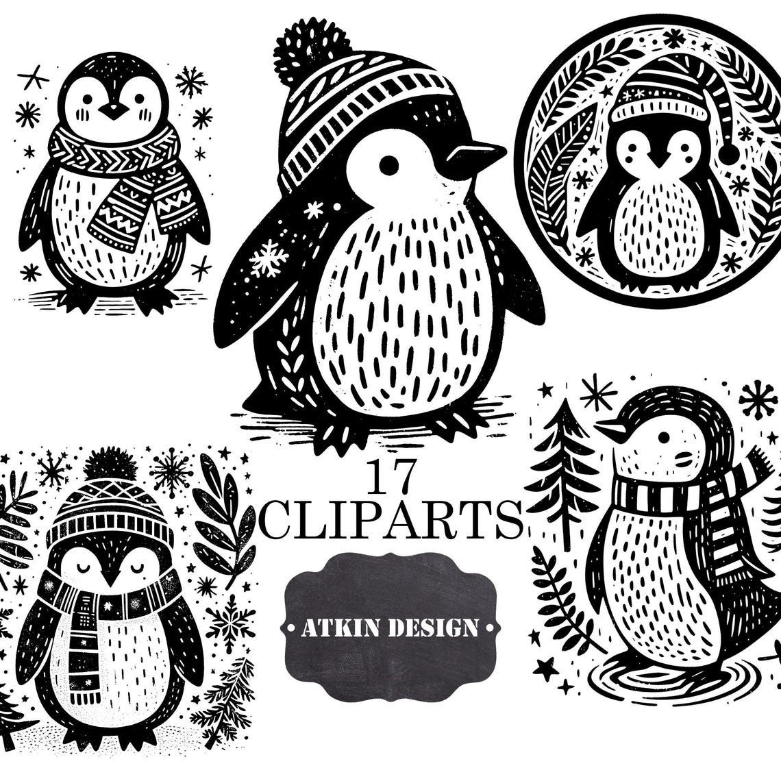 Poster Size Lino Print Penguins Woodland Lino Illustrations Black