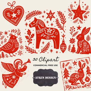 May include: A selection of red and white Christmas-themed clipart illustrations. The designs include a heart, stars, a Dala horse, a bird, a rabbit, an angel, and various botanical elements. The text "30 Clipart" and "Commercial Free Use" are also present.