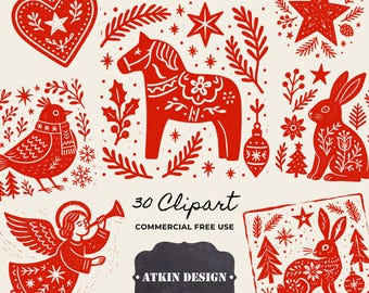 Linoprint Nordic Christmas Cliparts - Folk Christmas Digital Files - Scandi Winter Illustrations - 30 Red + 30 Black Elements